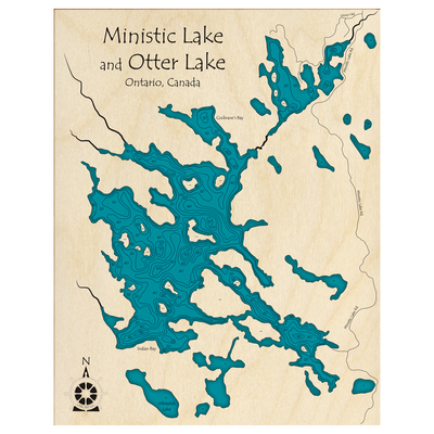 Bathymetric topo map of Otter Lake and Ministic Lake, ON with roads, towns and depths noted in blue water.