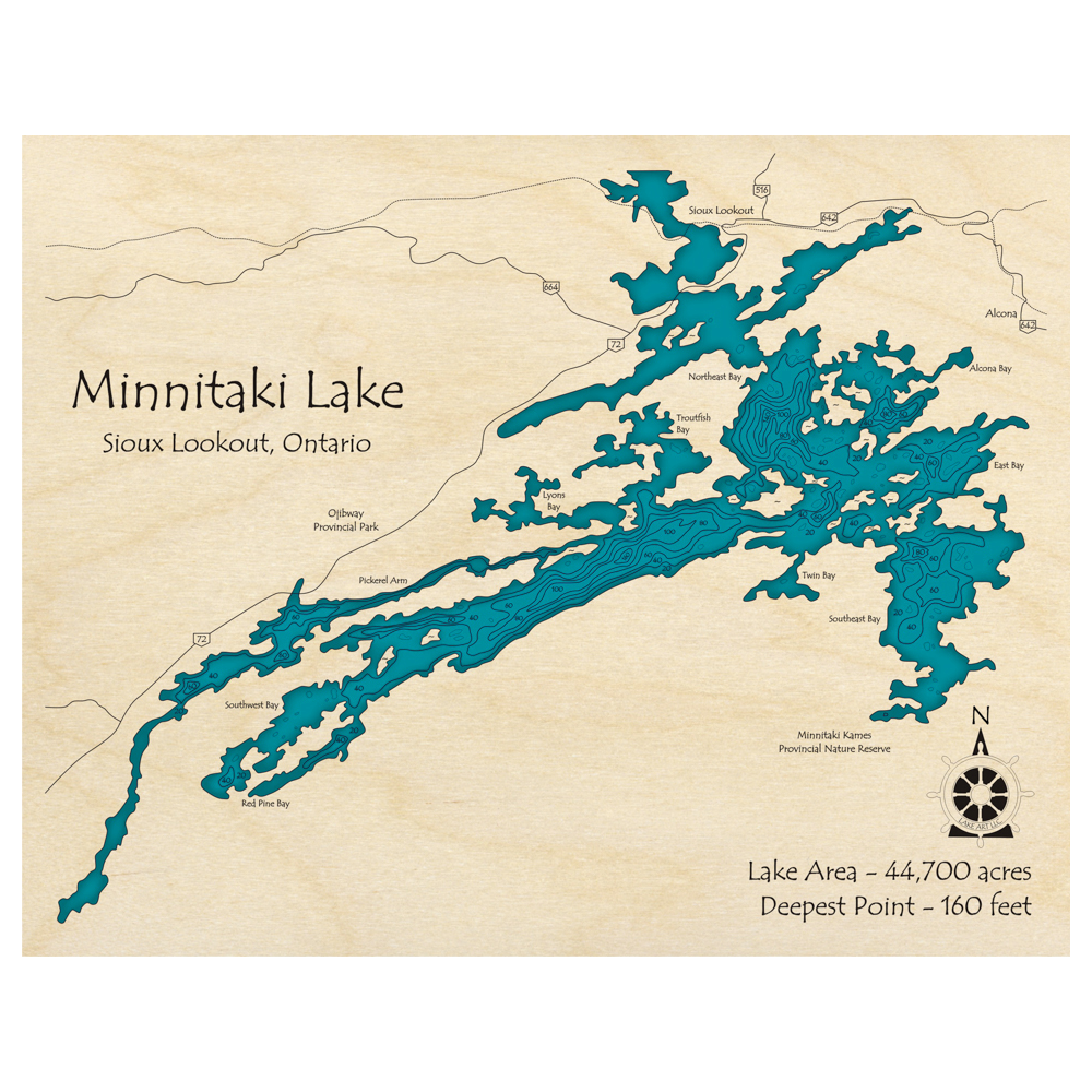 Bathymetric topo map of Minnitaki Lake, ON with roads, towns and depths noted in blue water.