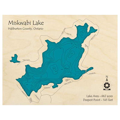 Bathymetric topo map of Miskwabi Lake, ON with roads, towns and depths noted in blue water.