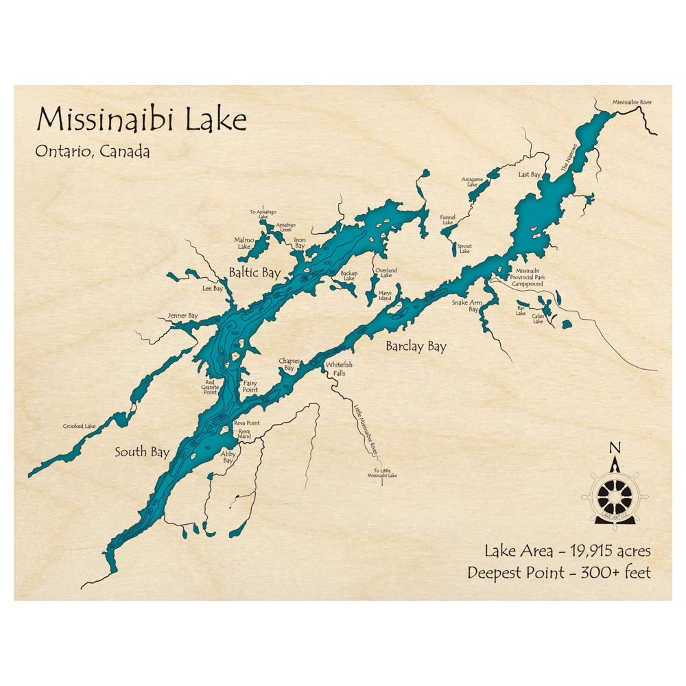 Bathymetric topo map of Missinaibi Lake, ON with roads, towns and depths noted in blue water.