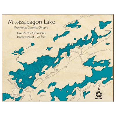 Bathymetric topo map of Mississagagon Lake, ON with roads, towns and depths noted in blue water.