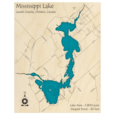 Bathymetric topo map of Mississippi Lake, ON with roads, towns and depths noted in blue water.