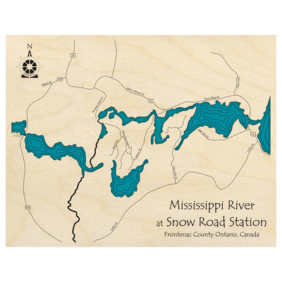Bathymetric topo map of Mississippi River at Snow Road Station, ON with roads, towns and depths noted in blue water.