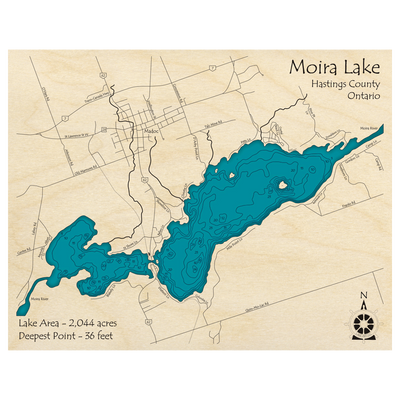Bathymetric topo map of Moira Lake, ON with roads, towns and depths noted in blue water.