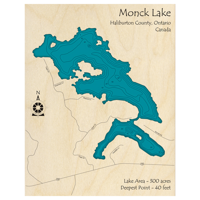 Bathymetric topo map of Monck Lake, ON with roads, towns and depths noted in blue water.