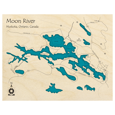 Bathymetric topo map of Moon River, ON with roads, towns and depths noted in blue water.