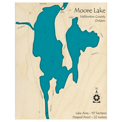 Bathymetric topo map of Moore Lake, ON with roads, towns and depths noted in blue water.