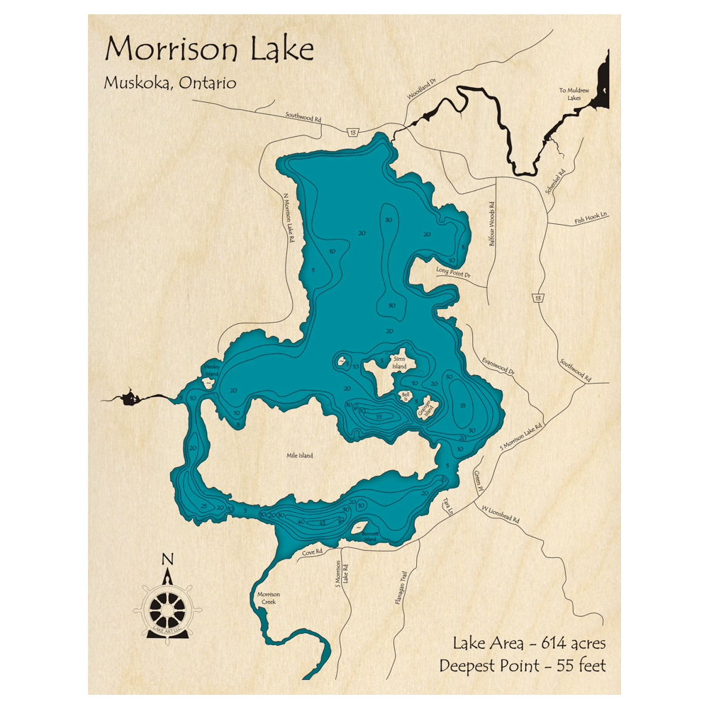 Bathymetric topo map of Morrison Lake, ON with roads, towns and depths noted in blue water.