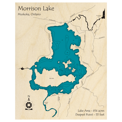 Bathymetric topo map of Morrison Lake, ON with roads, towns and depths noted in blue water.