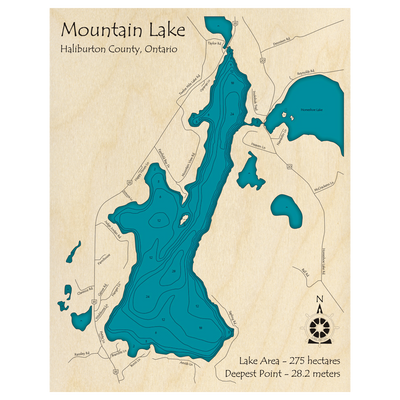 Bathymetric topo map of Mountain Lake, ON with roads, towns and depths noted in blue water.