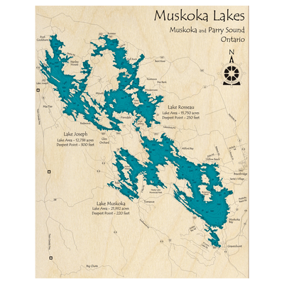 Bathymetric topo map of Lake Muskoka, ON with roads, towns and depths noted in blue water.