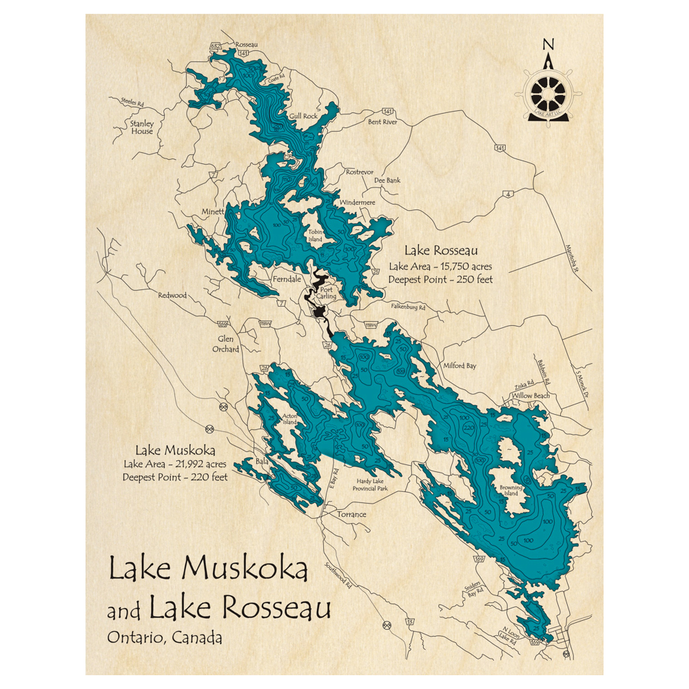 Bathymetric topo map of Lake Muskoka, ON with roads, towns and depths noted in blue water.