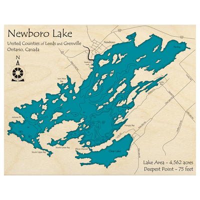 Bathymetric topo map of Newboro Lake, ON with roads, towns and depths noted in blue water.