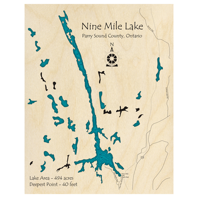Bathymetric topo map of Nine Mile Lake, ON with roads, towns and depths noted in blue water.