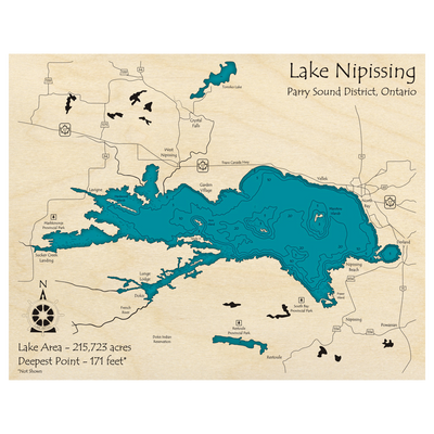 Bathymetric topo map of Lake Nipissing, ON with roads, towns and depths noted in blue water.
