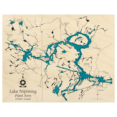 Bathymetric topo map of West Bay of Lake Nipissing, ON with roads, towns and depths noted in blue water.