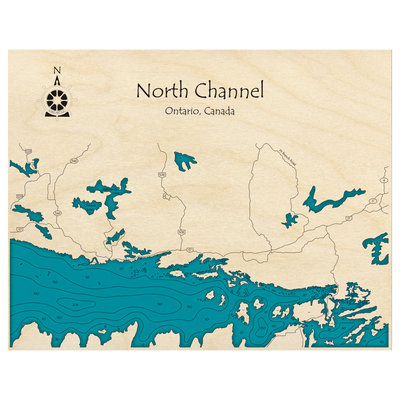 Bathymetric topo map of North Channel, ON with roads, towns and depths noted in blue water.