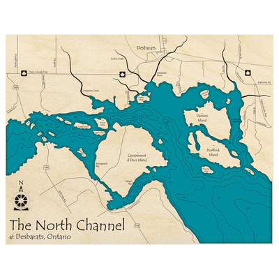 Bathymetric topo map of North Channel, ON with roads, towns and depths noted in blue water.