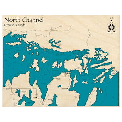 Bathymetric topo map of North Channel, ON with roads, towns and depths noted in blue water.