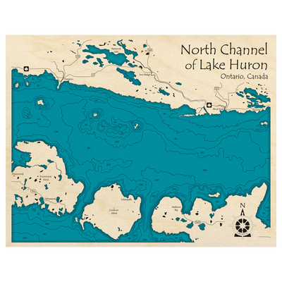 Bathymetric topo map of North Channel of Lake Huron, ON with roads, towns and depths noted in blue water.