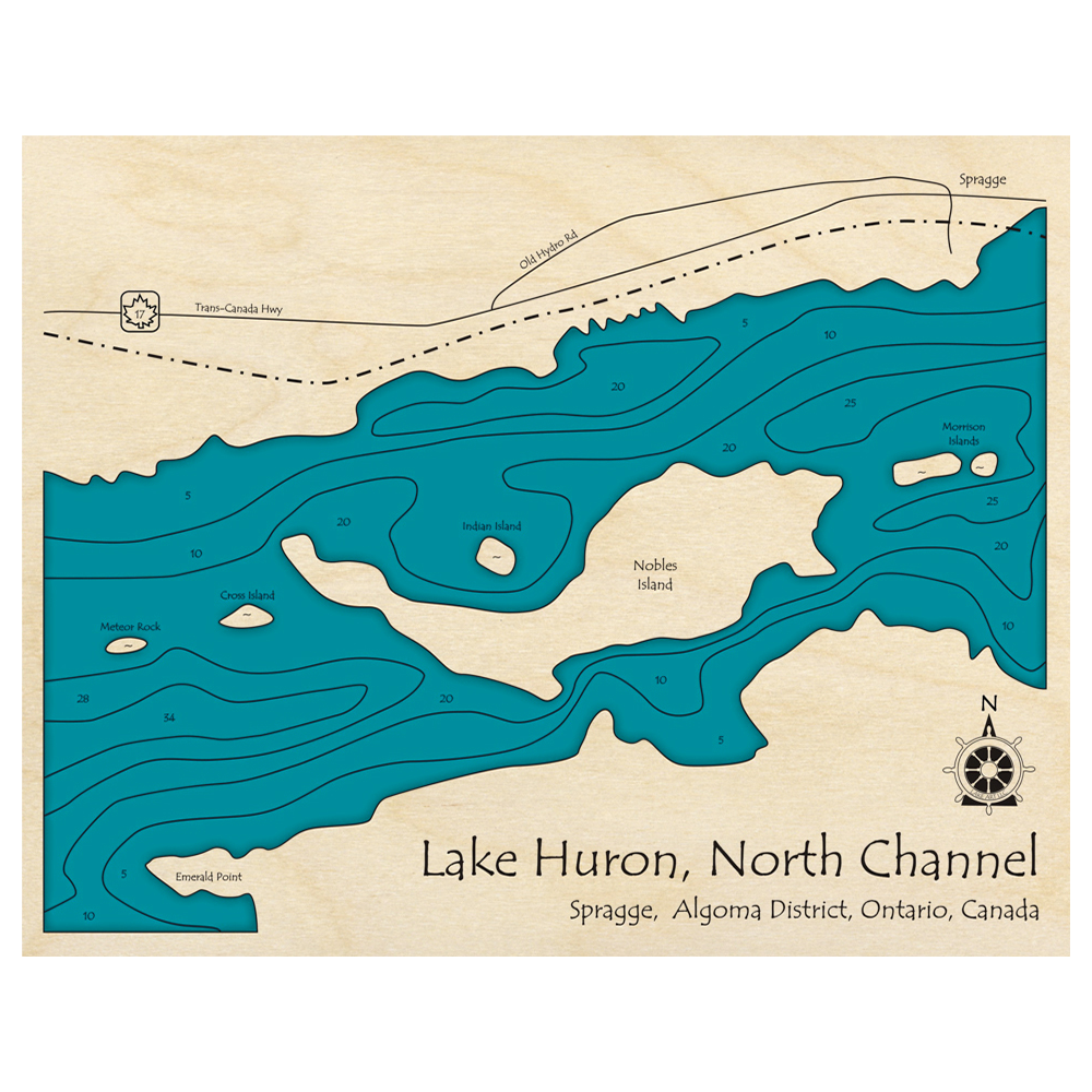 Bathymetric topo map of North Channel, ON with roads, towns and depths noted in blue water.