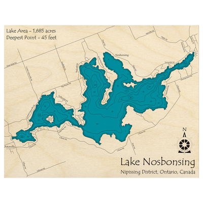Bathymetric topo map of Lake Nosbonsing, ON with roads, towns and depths noted in blue water.