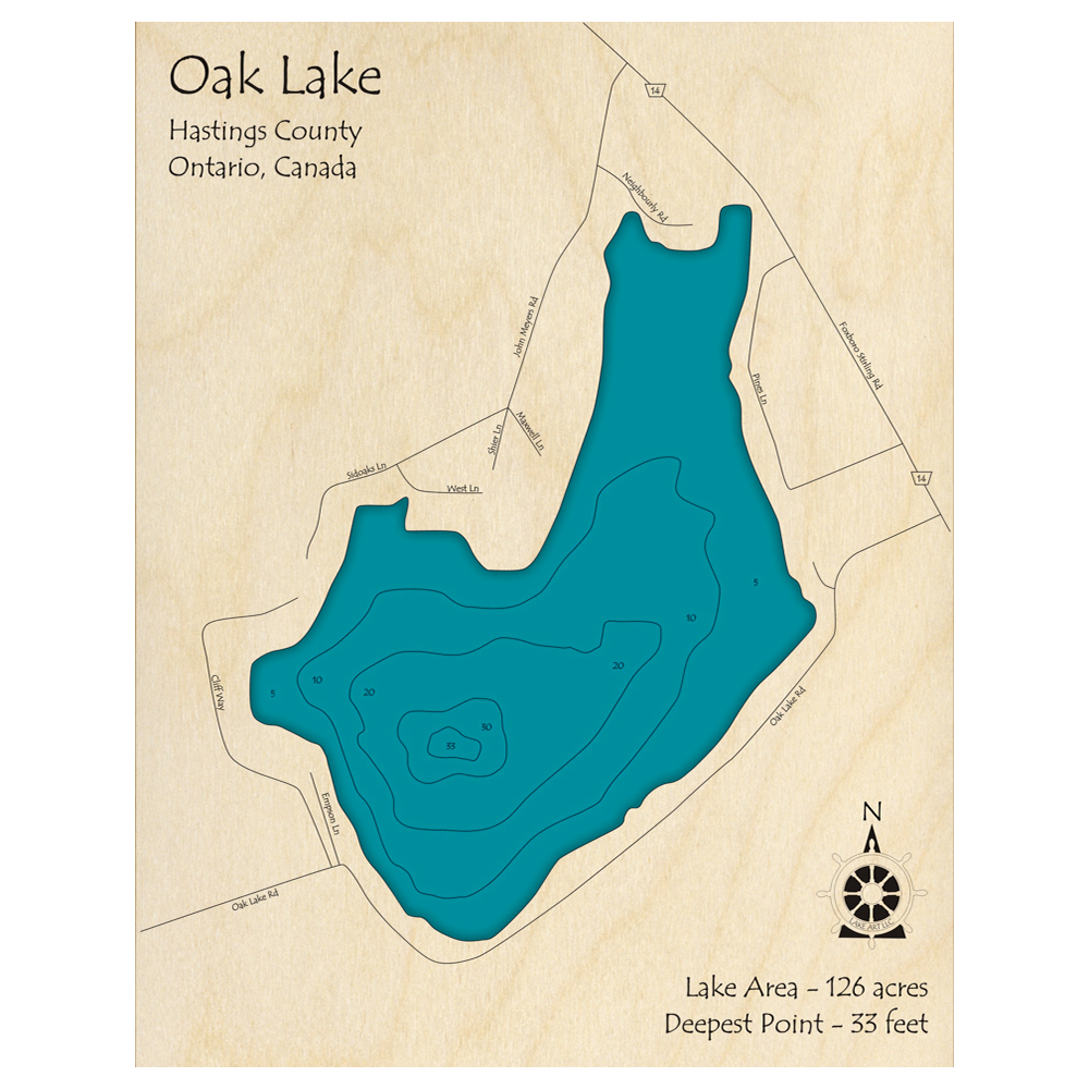 Bathymetric topo map of Oak Lake, ON with roads, towns and depths noted in blue water.