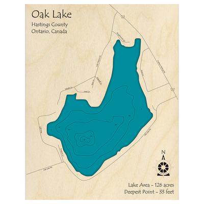 Bathymetric topo map of Oak Lake, ON with roads, towns and depths noted in blue water.