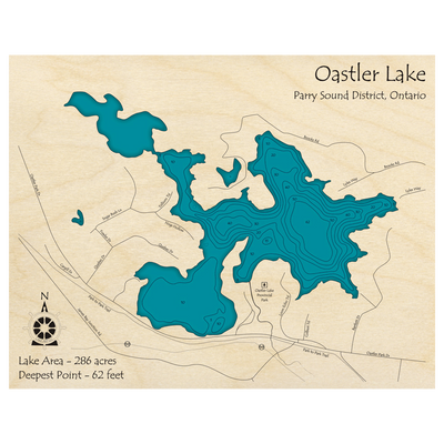 Bathymetric topo map of Oastler Lake, ON with roads, towns and depths noted in blue water.