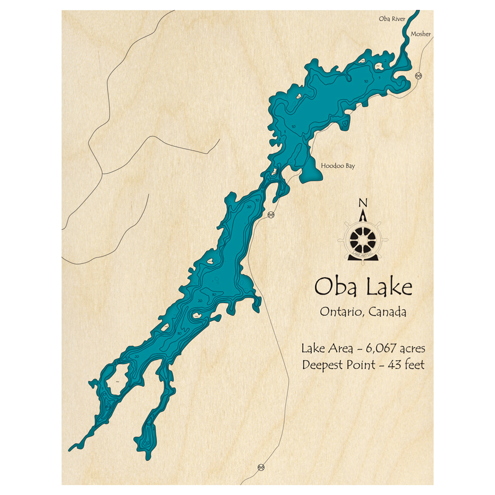 Bathymetric topo map of Oba Lake, ON with roads, towns and depths noted in blue water.