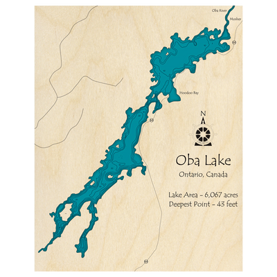 Bathymetric topo map of Oba Lake, ON with roads, towns and depths noted in blue water.