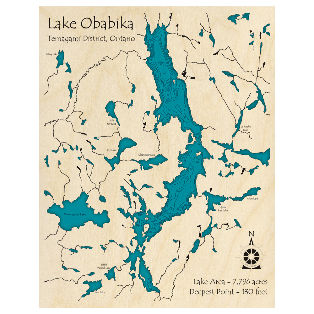 Bathymetric topo map of Lake Obabika, ON with roads, towns and depths noted in blue water.