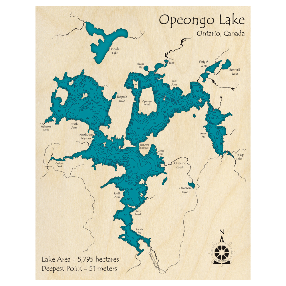 Bathymetric topo map of Opeongo Lake, ON with roads, towns and depths noted in blue water.