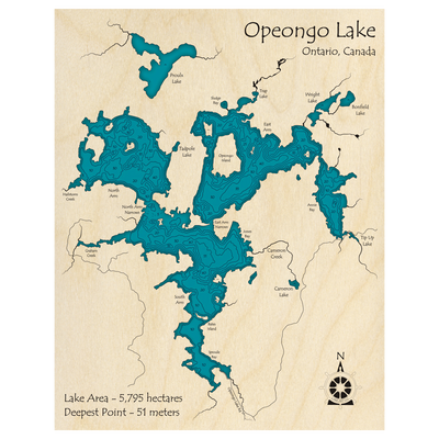 Bathymetric topo map of Opeongo Lake, ON with roads, towns and depths noted in blue water.