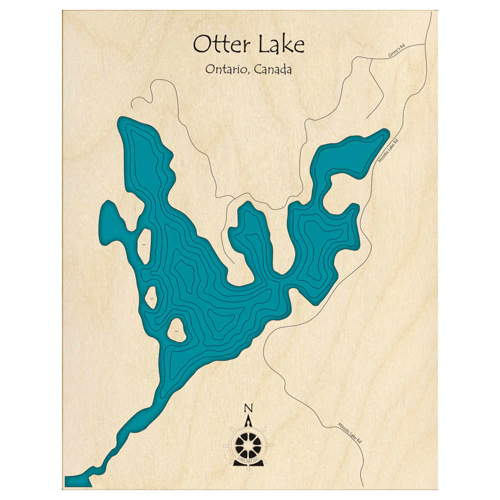 Bathymetric topo map of Otter Lake, ON with roads, towns and depths noted in blue water.