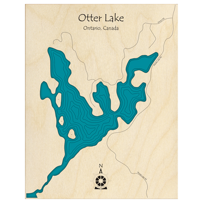 Bathymetric topo map of Otter Lake, ON with roads, towns and depths noted in blue water.