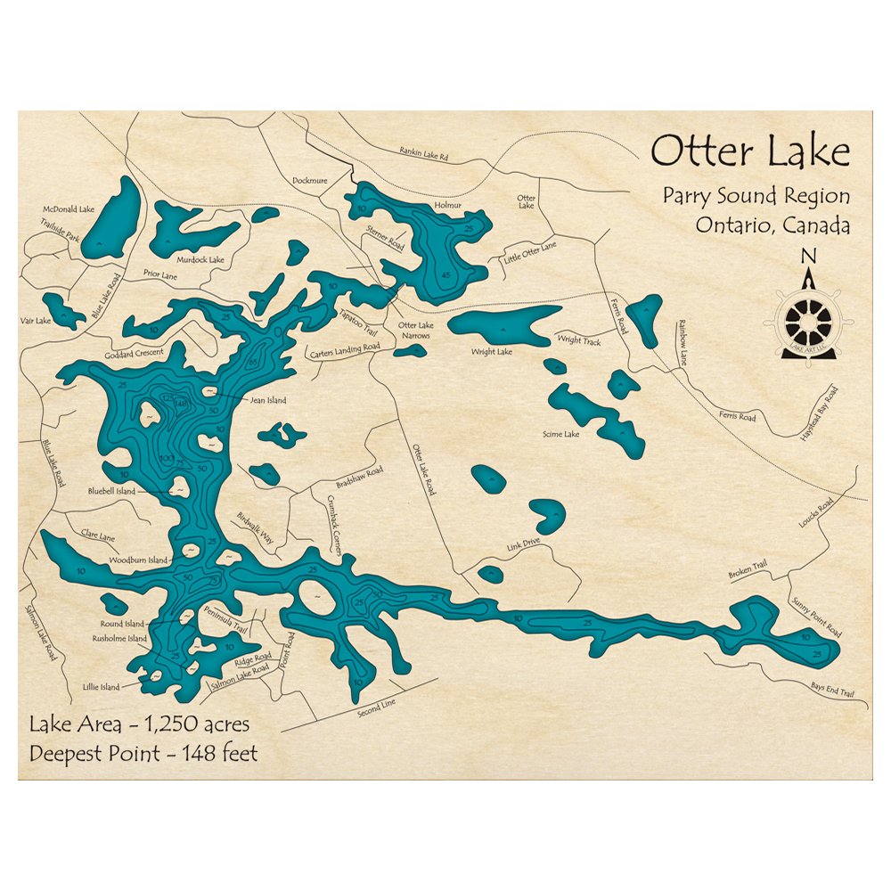 Bathymetric topo map of Otter Lake, ON with roads, towns and depths noted in blue water.