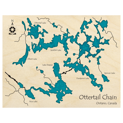 Bathymetric topo map of Ottertail Chain, ON with roads, towns and depths noted in blue water.