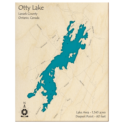 Bathymetric topo map of Otty Lake, ON with roads, towns and depths noted in blue water.
