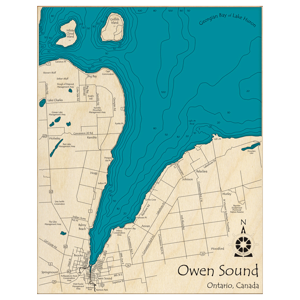 Bathymetric topo map of Owen Sound, ON with roads, towns and depths noted in blue water.