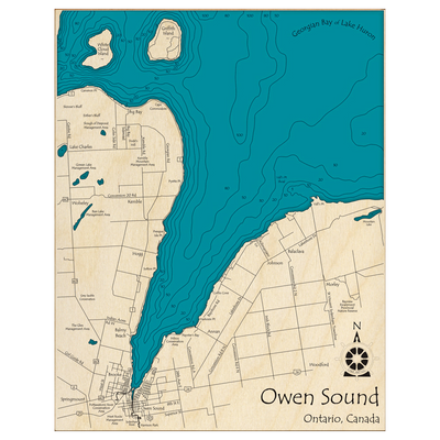 Bathymetric topo map of Owen Sound, ON with roads, towns and depths noted in blue water.