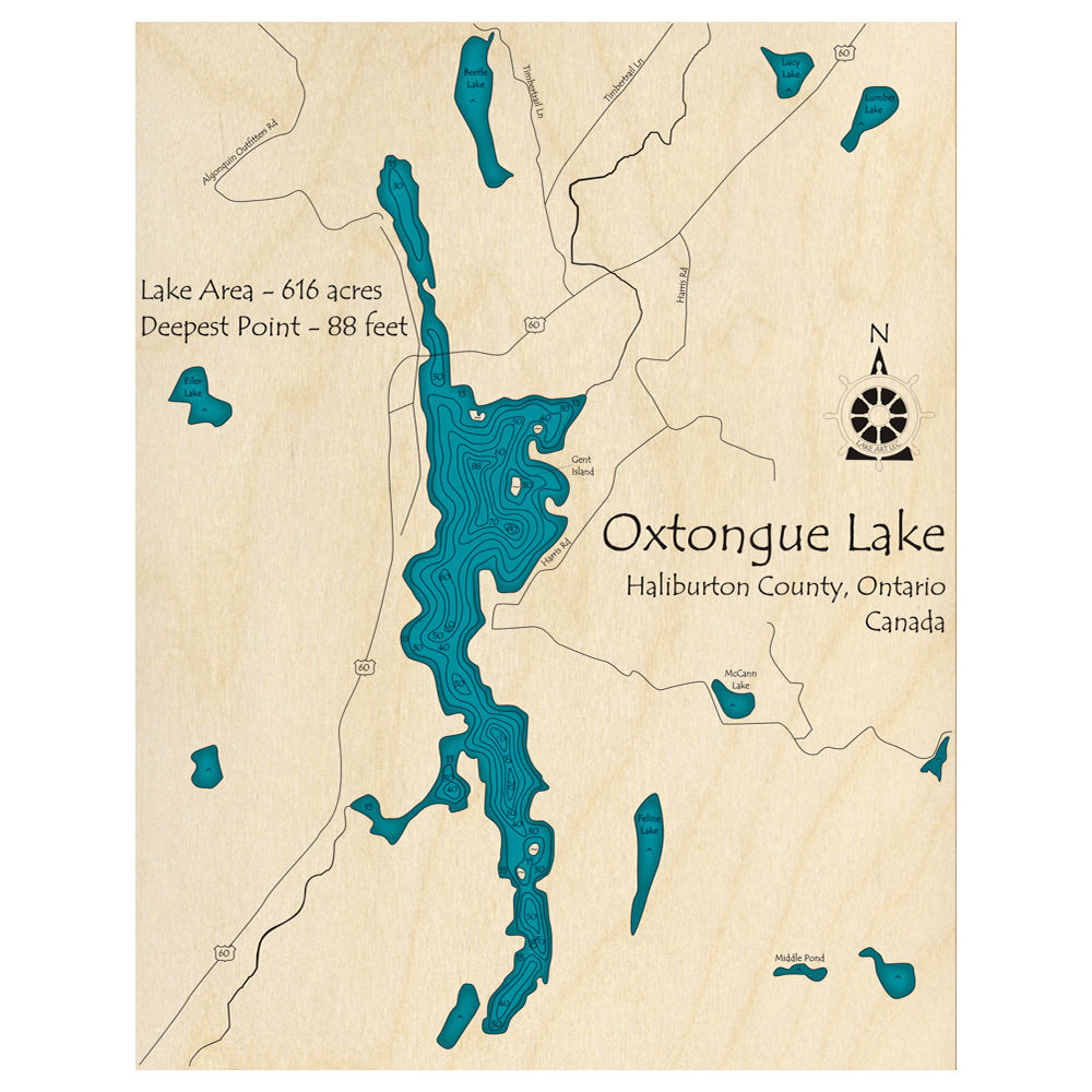 Bathymetric topo map of Oxtongue Lake, ON with roads, towns and depths noted in blue water.