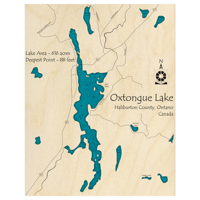 Bathymetric topo map of Oxtongue Lake, ON with roads, towns and depths noted in blue water.