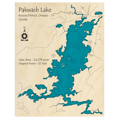 Bathymetric topo map of Pakwash Lake, ON with roads, towns and depths noted in blue water.