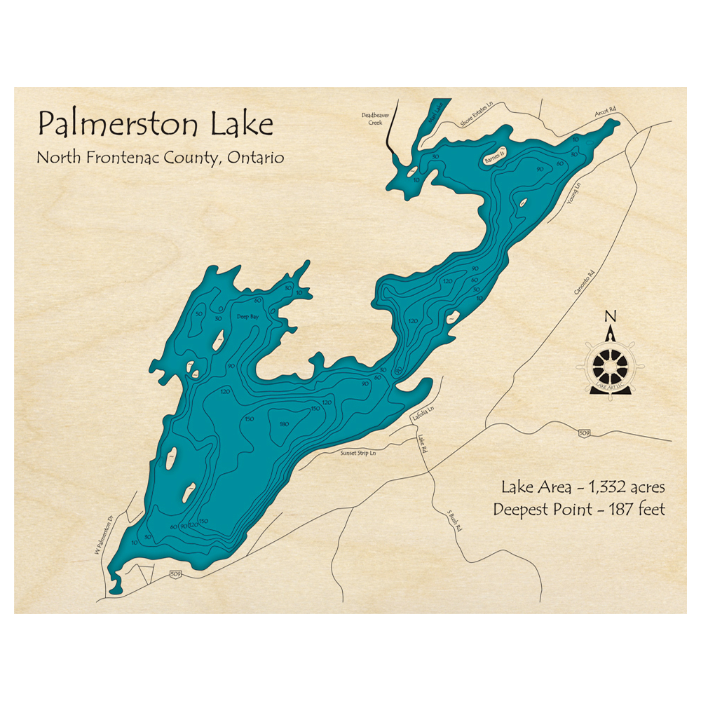 Bathymetric topo map of Palmerston Lake, ON with roads, towns and depths noted in blue water.