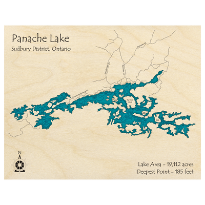 Bathymetric topo map of Panache Lake, ON with roads, towns and depths noted in blue water.