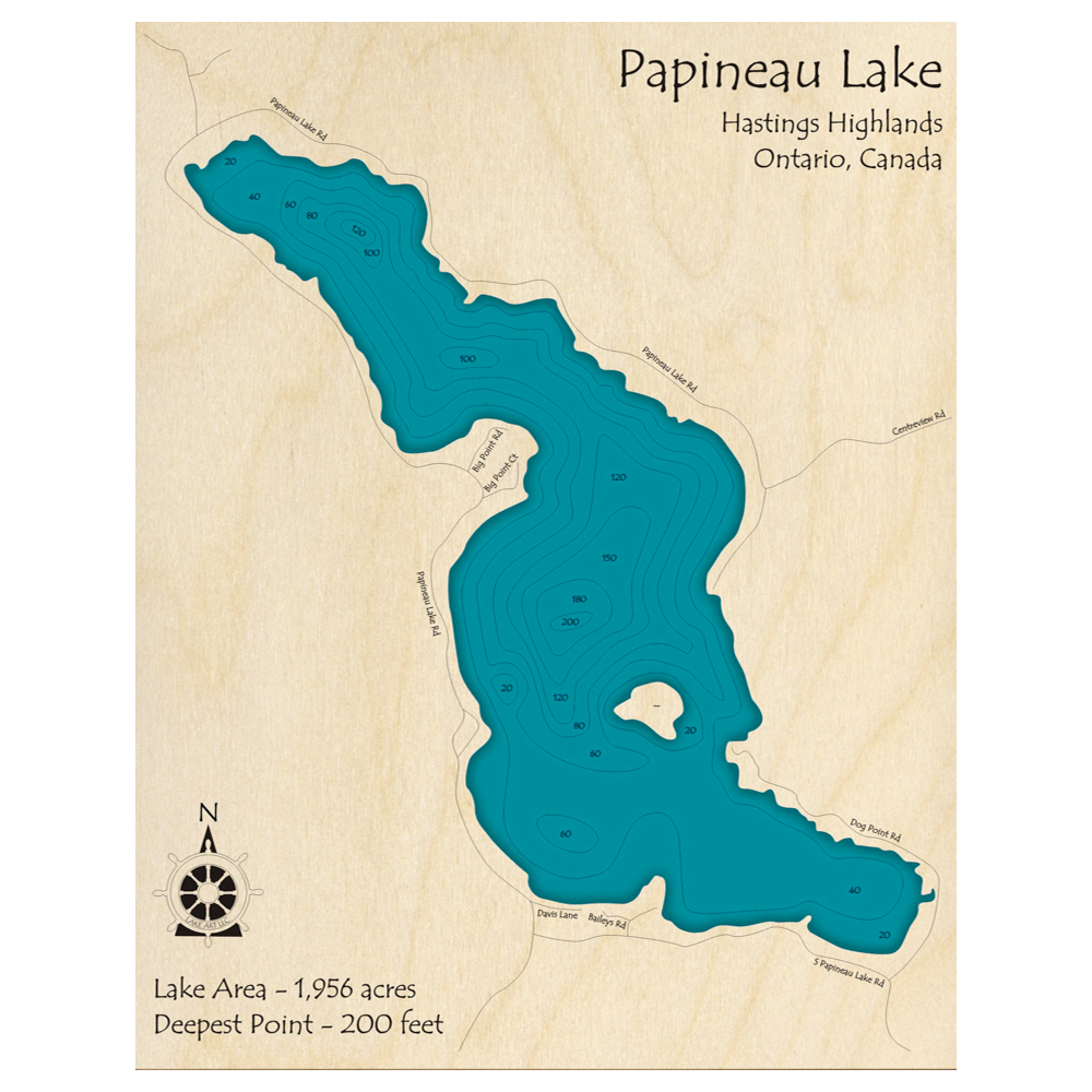 Bathymetric topo map of Papineau Lake, ON with roads, towns and depths noted in blue water.