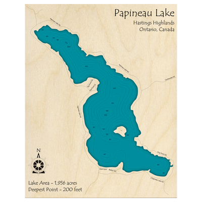 Bathymetric topo map of Papineau Lake, ON with roads, towns and depths noted in blue water.