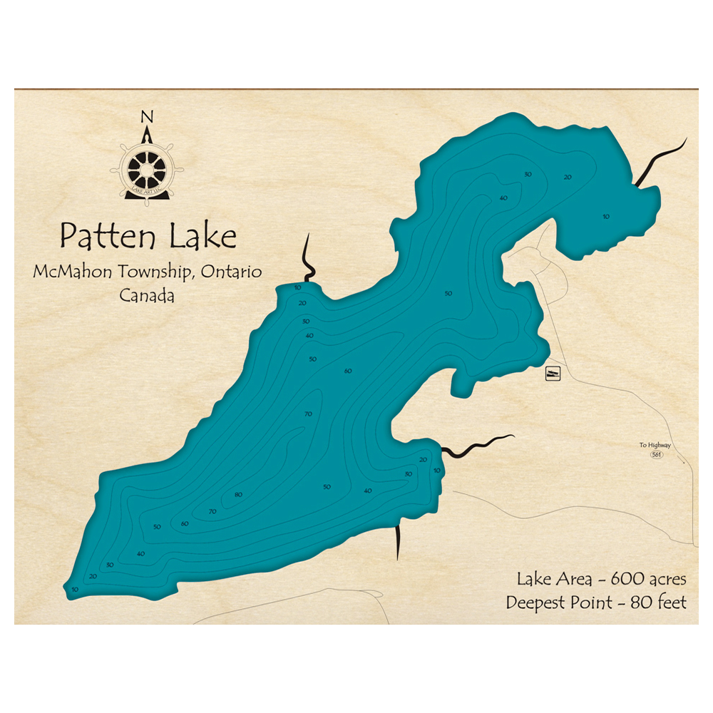 Bathymetric topo map of Patten Lake, ON with roads, towns and depths noted in blue water.