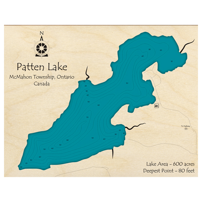 Bathymetric topo map of Patten Lake, ON with roads, towns and depths noted in blue water.